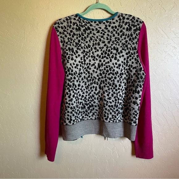 St. John Colorblock Leopard Zip Up Wool Blend Sweater Large Long Sleeve - Picture 3 of 6